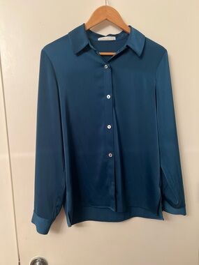 Oak + Fort Teal Button‑Up Top – Size XS (Oversized Fit)